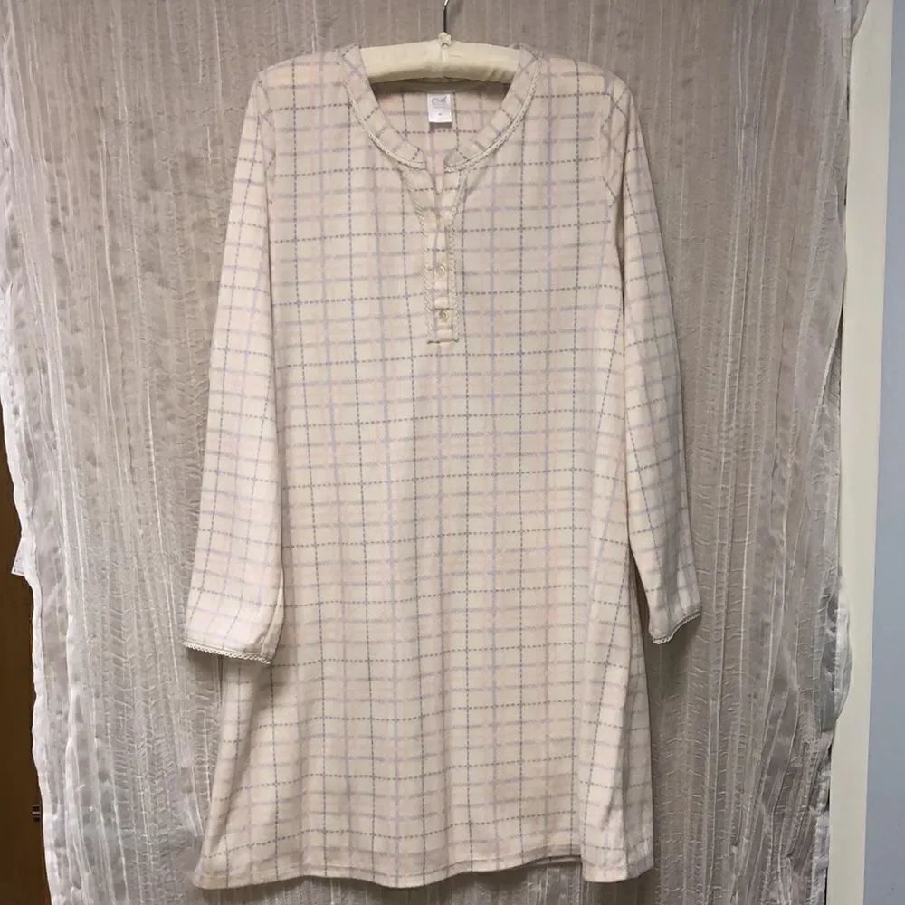 Adonna M Fleece Ivory Pink Purple Plaid Nightgown with Satin Crochet Details